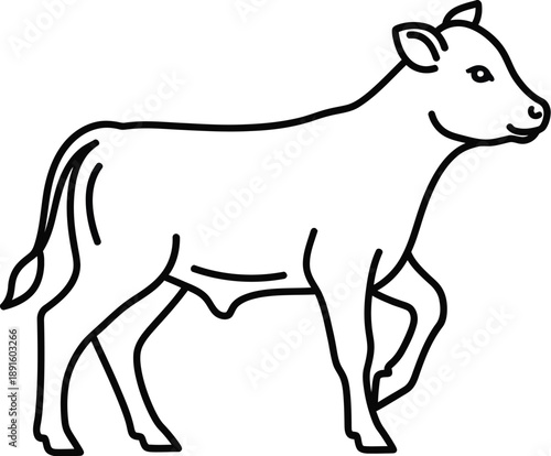 A simple line drawing of a calf standing and looking to the right