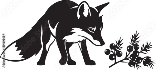 Black silhouette of a fox sniffing a branch with berries black and white animal wildlife desi