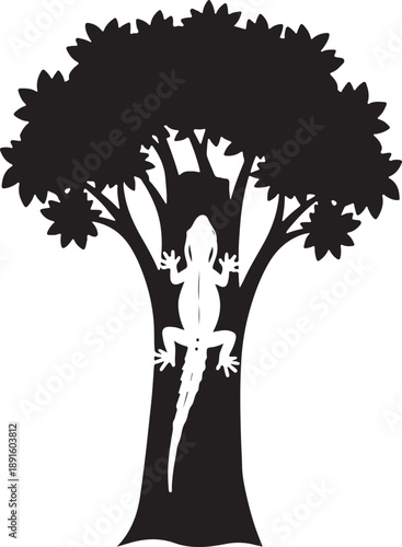 Black silhouette of a gecko climbing a tree with star shaped leaves lizard desi