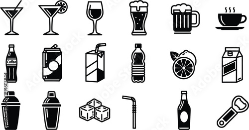 Collection of various beverage and bar icons in black and white