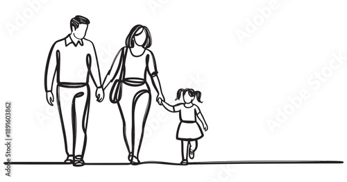 Continuous line art drawing of a family with a mother, father, and daughter walking hand in hand
