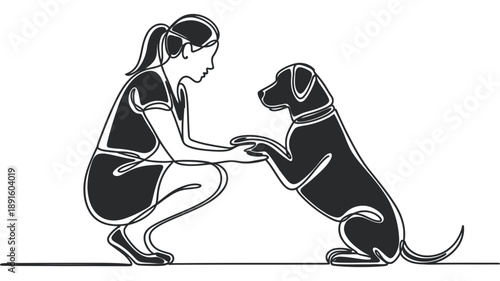 Continuous line art of a woman crouching to hold the paw of her loyal dog