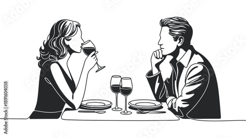 A couple enjoying a romantic dinner date with wine in a black and white illustration