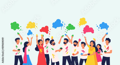 Vibrant celebration of Holi festival with people throwing colorful powders and enjoying the festive atmosphere with joy and happiness