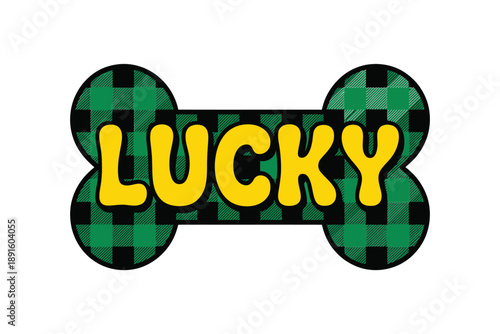 Buffalo plaid lucky dog bone label vector for Saint Patricks Day pet event, animal rescue fundraiser, Irish celebration design