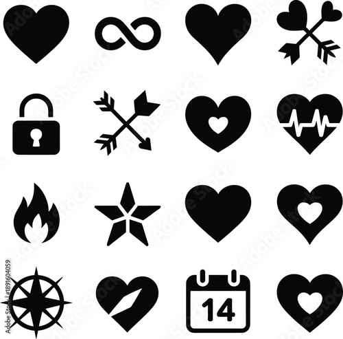 Collection of black love and heart icons on white background including symbols for valentine s day romance and affection