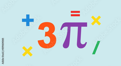 Bright and colorful mathematical equation 3 Pi equals plus minus multiply divide symbols on a light blue background, symbolizing education and science with a playful design