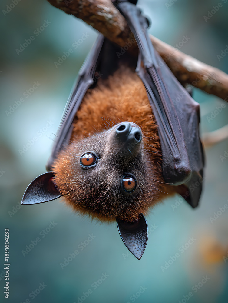 Fototapeta premium Fruit bat hanging upside down close up portrait with glossy eyes and brown fur