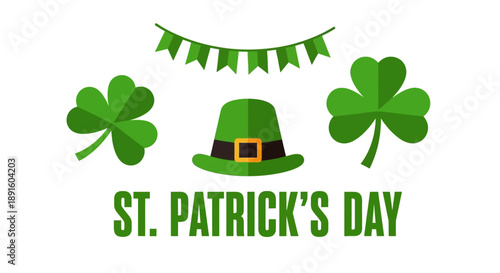 Happy St. Patrick's Day celebration with shamrock leaves, festive green hat, and colorful bunting flags – a symbol of Irish culture and luck for parades and festivities