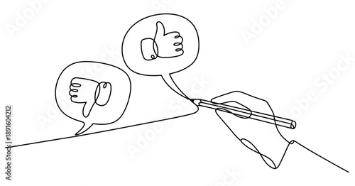 A continuous line drawing of a hand holding a pencil creating like and dislike feedback bubbles