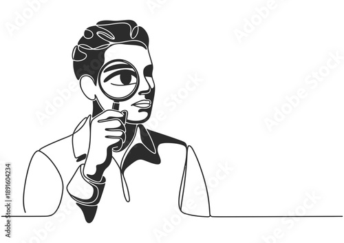 A person in continuous line art style carefully examining something with a magnifying glass.