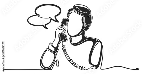 Minimalist continuous line drawing depicting communication and conversation via landline telephone