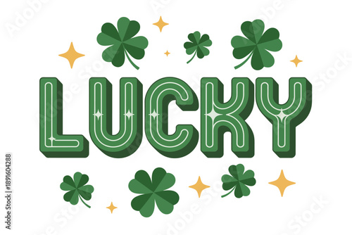 Lucky typography with sparkling stars and shamrocks, bold green vector for Saint Patricks Day poster, flyer, sticker, cheerful holiday design