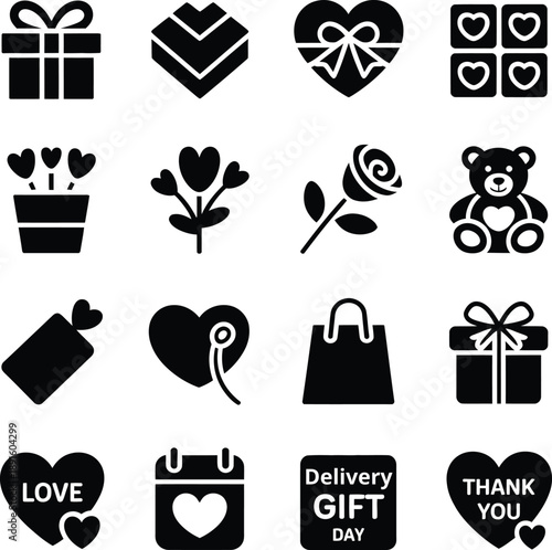 Black and white valentine s day icons set with hearts gifts and love symbols