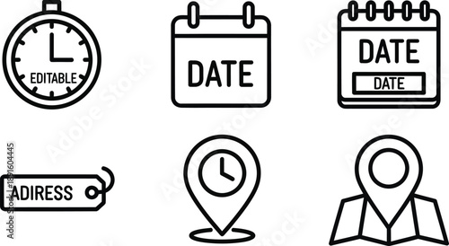 A collection of six icons representing time date location and address