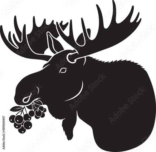 Black silhouette of a moose head with antlers eating berries deer animal wildlife des