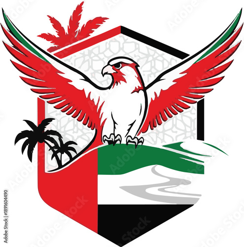 Majestic falcon emblem with uae flag and desert palms symbolizing national pride and heritage