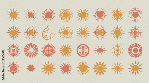 An assortment of stylized suns and celestial shapes are displayed in varying shades of orange and yellow tones high quality professional detailed modern elegant stylish clean