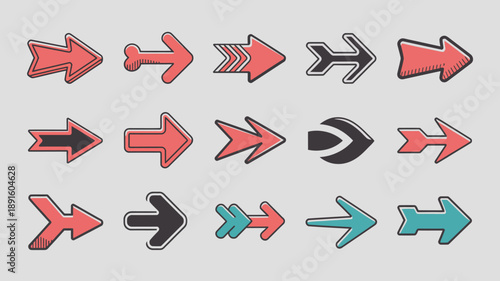 A collection of hand drawn style arrows in varying shades of red black and teal pointing in both directions high quality professional detailed modern elegant stylish