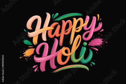 Happy Holi neon brush lettering on dark, vibrant festival vector for party poster, dj night banner, social post, celebration graphic.