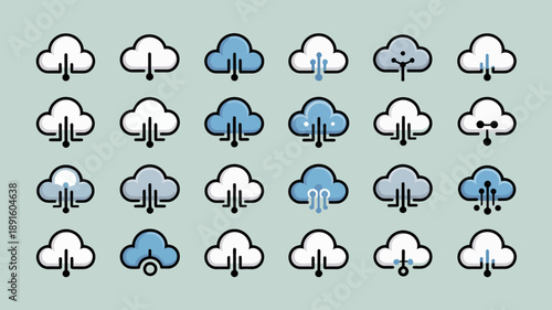 An array of cartoon cloud icons is displayed against a pale green background showcasing various expressions and designs high quality professional detailed modern elegant stylish clean