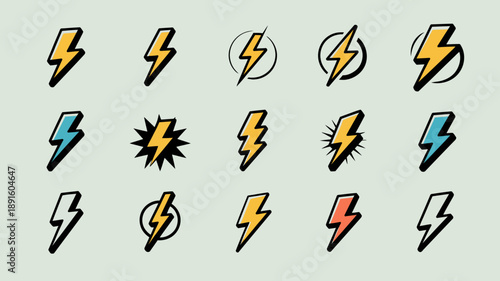 A collection of hand drawn lightning bolt icons in varying styles and colors arranged in a grid like pattern on a pale green background high quality