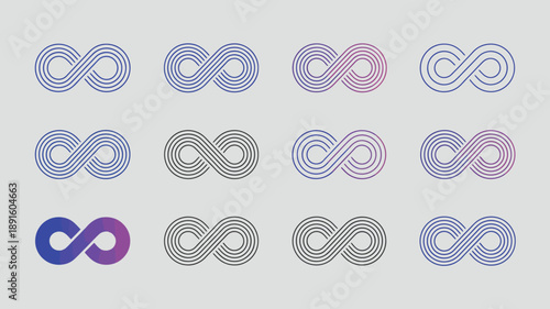 A collection of infinity symbols are displayed in varying shades of blue purple gray and pink arranged in a grid pattern high quality professional detailed modern