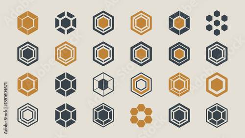 A collection of hexagonal shapes are displayed in varying shades of gold and navy arranged in a grid like pattern on a beige background high quality