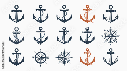 A collection of nautical anchors in various styles are displayed alongside compass roses and maritime symbols on a white background high quality professional detailed modern elegant