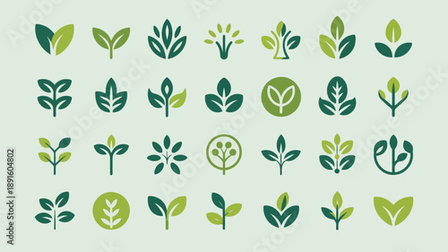 A collection of various green leaf and floral icons are displayed against a pale green background showcasing botanical designs high quality professional detailed modern elegant stylish