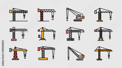 A collection of colorful stylized crane icons are displayed in a grid pattern against a light gray background showcasing various designs high quality professional detailed modern