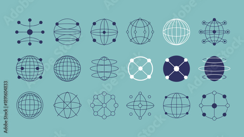 A collection of geometric wireframe sphere and polyhedron illustrations in varying complexities and shades of blue high quality professional detailed modern elegant stylish clean crisp vibrant