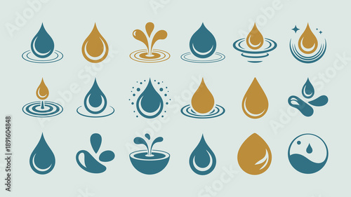 A collection of teal and gold water drop icons with accompanying ripple and leaf motifs presented on a light blue background high quality professional detailed modern