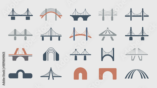 A collection of minimalist bridge icons are displayed in varying styles and colors against a light gray background showing diverse architectural designs high quality professional detailed