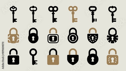 A collection of vintage keys and padlocks are displayed in varying styles and shades of brown and black high quality professional detailed modern elegant stylish clean