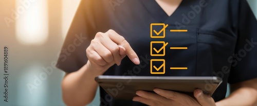 The nurse using tablet with checklist icons in modern clinical setting