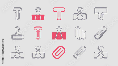 A collection of outlined office supply icons including paper clips and binder clips in varying shapes and sizes high quality professional detailed modern elegant stylish clean
