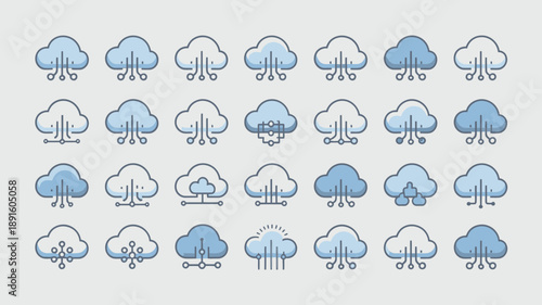 A collection of various cloud icons is displayed against a light gray background showcasing different cloud formations and styles high quality professional detailed modern elegant stylish