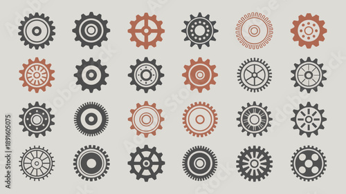 An assortment of mechanical gears is displayed in varying sizes and colors predominantly black and reddish brown on a light gray background high quality professional detailed