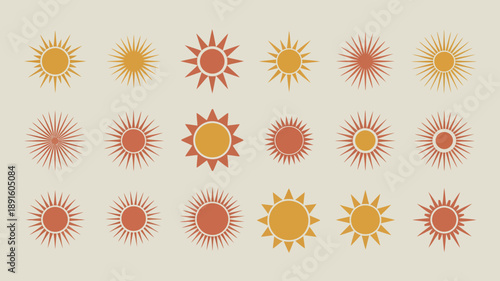 An assortment of stylized suns in varying shades of orange and yellow are displayed against a pale beige background high quality professional detailed modern elegant stylish