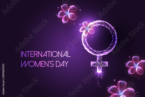  International Women Day digital celebration vector, Futuristic glowing female symbol with flowers