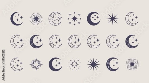 A collection of celestial designs featuring various phases of the moon stars and sparkling astral symbols in dark blue high quality professional detailed modern elegant stylish