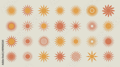 A collection of stylized sun illustrations in varying shades of orange and red are displayed against a pale beige background high quality professional detailed modern elegant