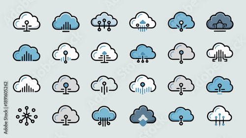 A collection of flat blue and gray cloud icons depicting various weather conditions including rain snow and sunshine high quality professional detailed modern elegant stylish clean