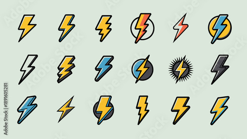 A collection of colorful lightning bolt icons are displayed against a pale green backdrop showcasing various styles and designs high quality professional detailed modern elegant stylish