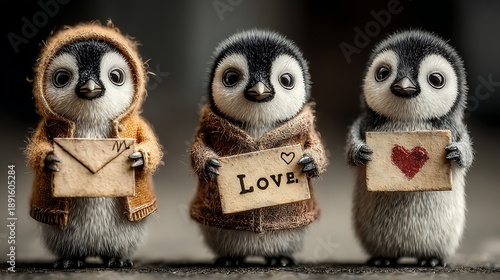Three Adorable Baby Penguins with Winter Clothing and Love Messages image photo