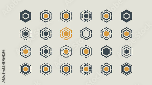 A grid displays various hexagonal geometric designs with a color palette of orange gray and dark blue tones high quality professional detailed modern elegant stylish clean