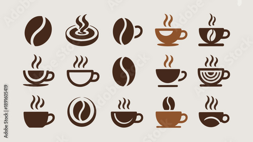 A collection of dark brown coffee bean and beverage icons is displayed against a light beige background showing various stages high quality professional detailed modern elegant
