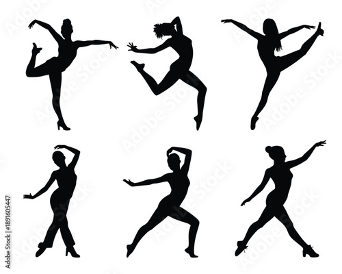 A group of six black silhouettes of women in various dance poses on a white background