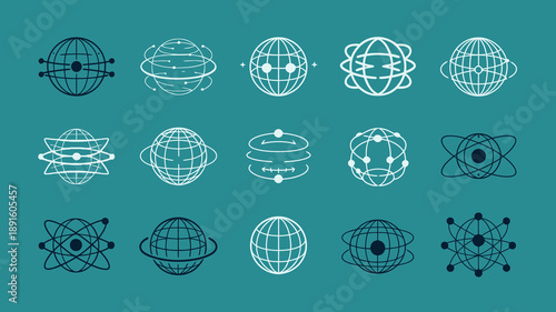 A collection of abstract geometric atomic models are displayed in varying shades of white and black against a teal background high quality professional detailed modern elegant